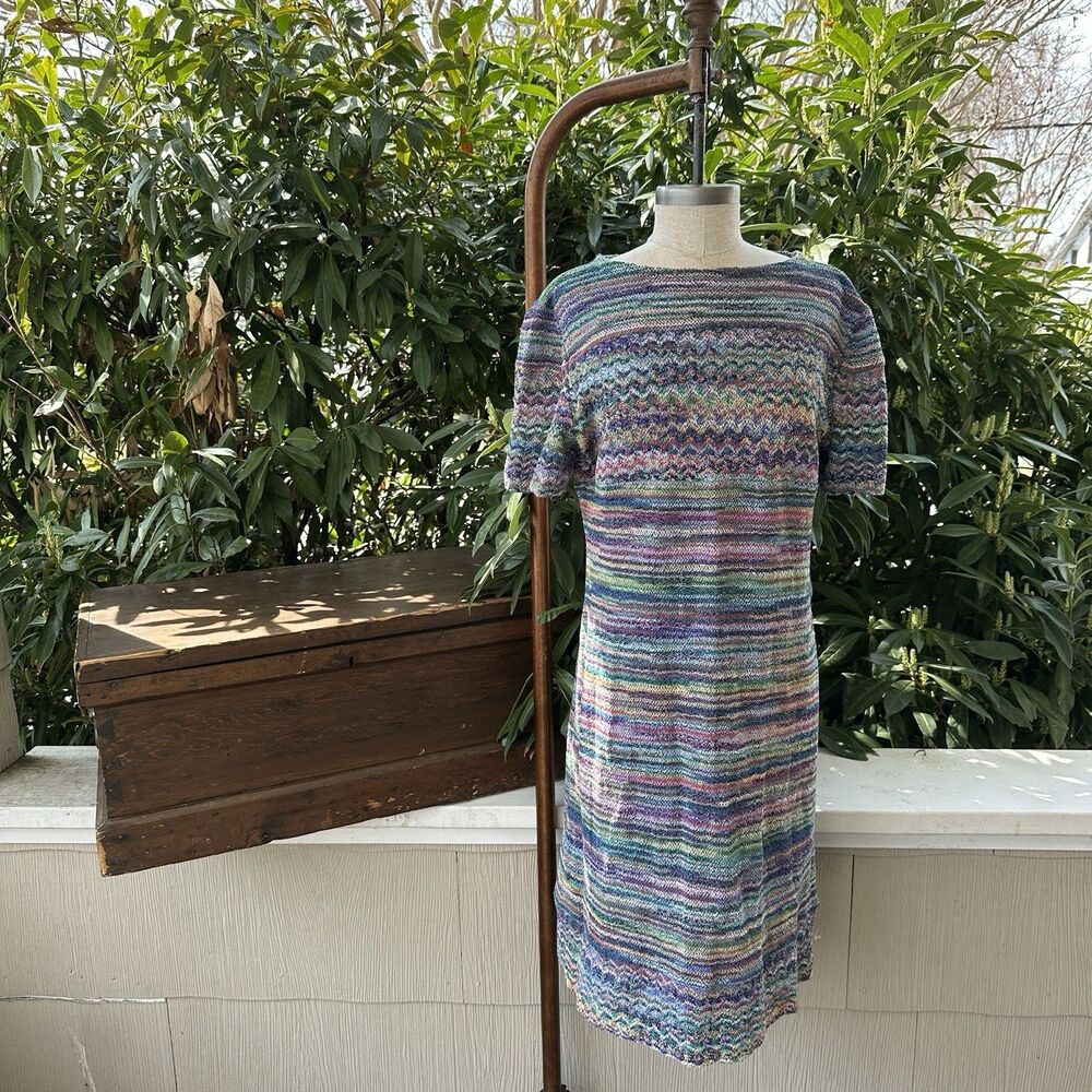 Missoni Zigzag Knit Dress Multicolor Rainbow Wool Blend Midi Boho Italy Sz M